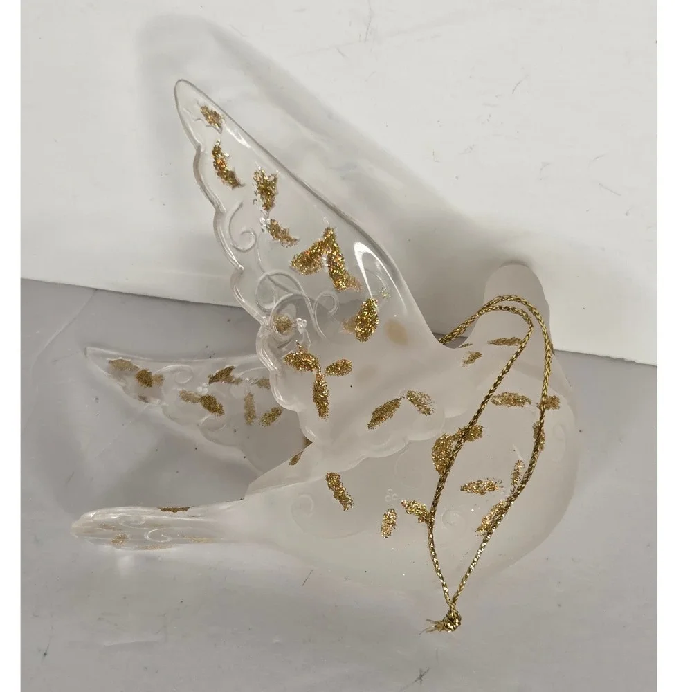 Frosted Acrylic Dove Christmas Ornament Gold Glitter Flakes Peace Bird Figurine